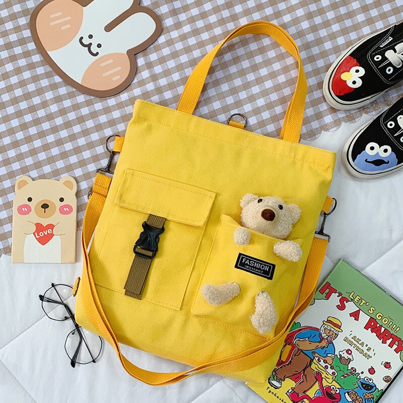 Cute Animal Canvas Bag Backpack Girl Student Single Shoulder Bag Literary Tote Bag: bear2