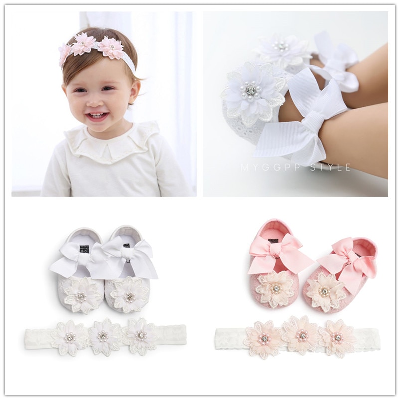 Lente Herfst Peuter Meisje Schoenen Katoen Stof Comfortabele Kant Bloem Lint Parel Strik Prinses Schoenen + Bloemen Hoofdband
