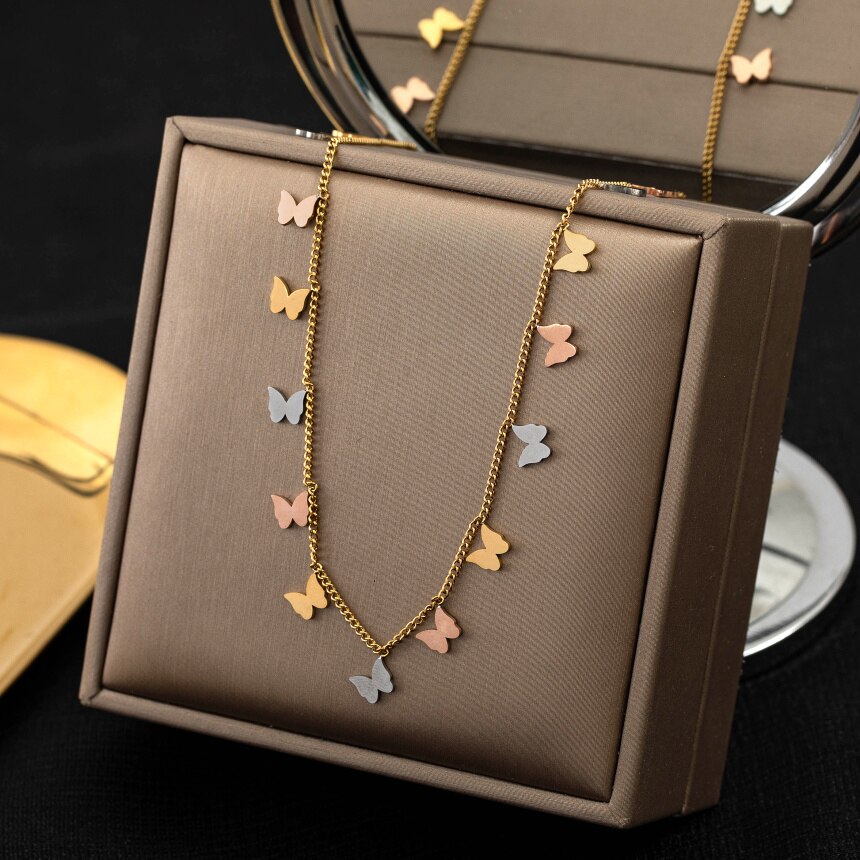 316L Stainless Steel Butterfly Charm Choker Necklace - Geometric Pendant - Trendy Jewelry for Women