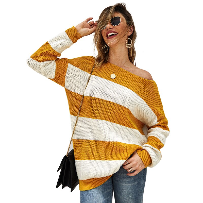 Aswinfon Gestreepte Trui Vrouwen Lange Mouw Dames Trui Truien O-hals Losse Gebreide Trui Vrouwelijke Herfst Winter Trui: Yellow / S