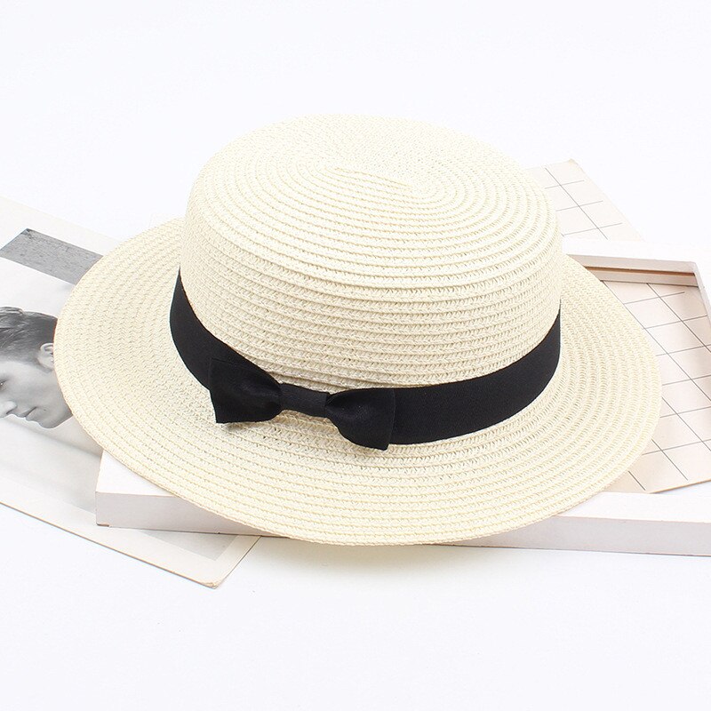 Bow Tie Straw Sun Hat Women Trilby Gangster Band Beach Cap Sun Hat Sun Protection Round Flat Top Beach Sun Hat Caps: White