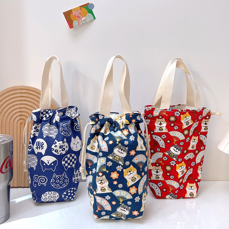 Draagbare Canvas Isolator Hoes Tas Thermoszak Cartoon Foto 'S Sluiting Trekkoord Opbergtas Vacuüm Cup Set