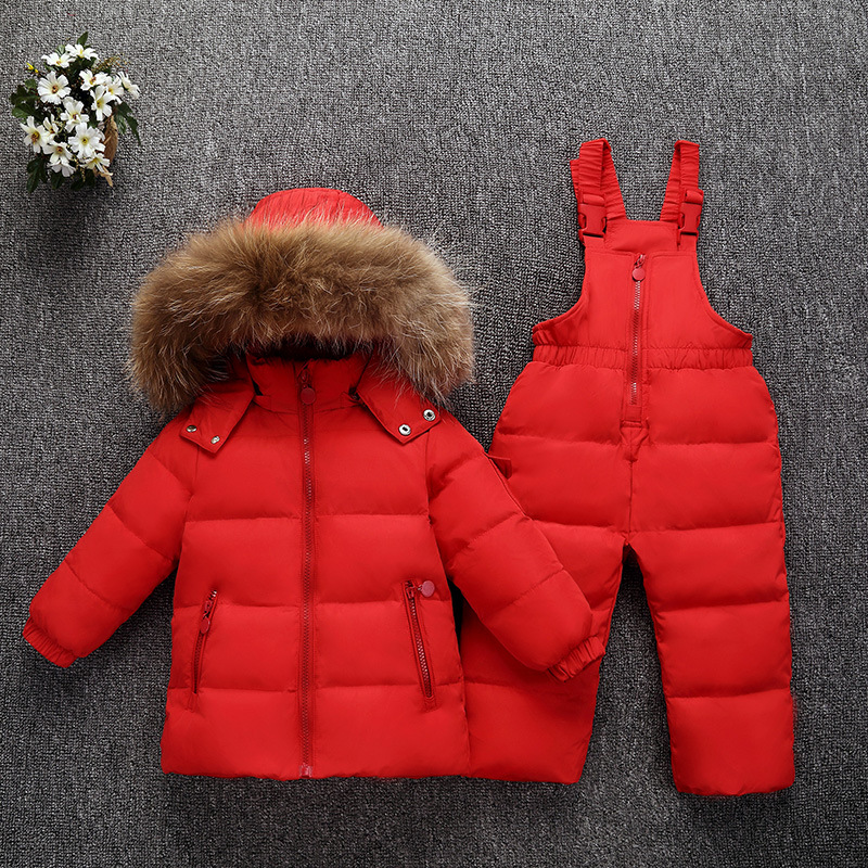 Bébé hiver doudoune ensemble enfants garçons filles 2 pièces manteau pantalon costumes bébé à capuche avec de la fourrure épaissir Ski neige chaude salopette vêtements: Red / 2T