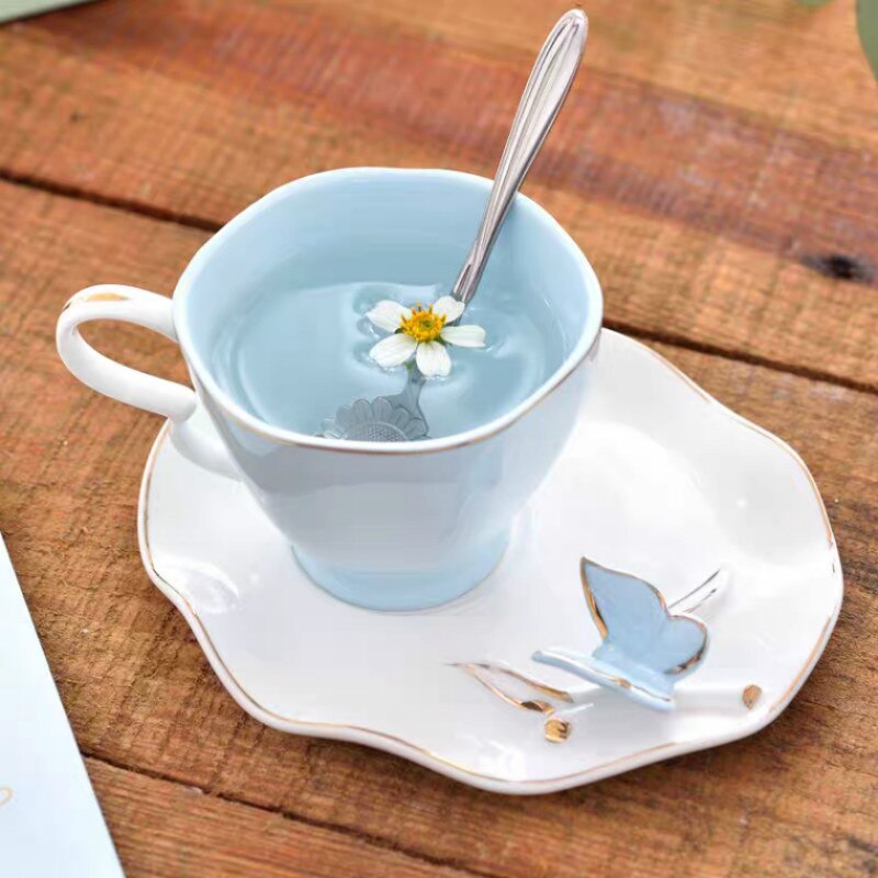 Juego de taza y platillo de café con forma de mariposa para el hogar, juego de tazas de té de la tarde en inglés, 200ml, ,