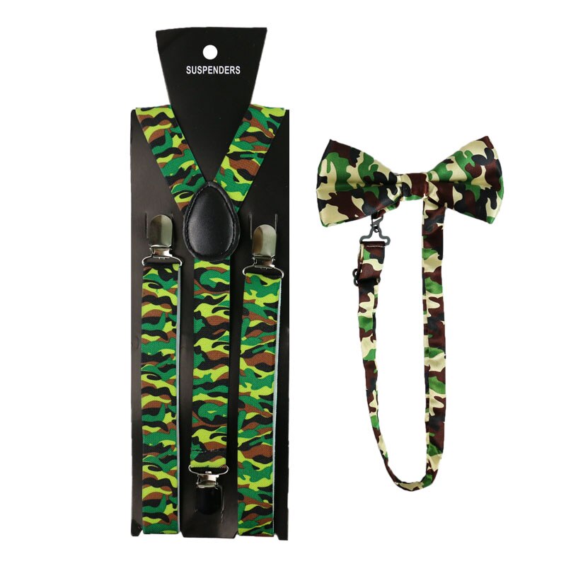 Ejército verde color de camuflaje imprimir tirantes corbata Y pajarita Set Clip-En elástica Y forma de tirantes para espalda tirantes para hombres Y mujeres