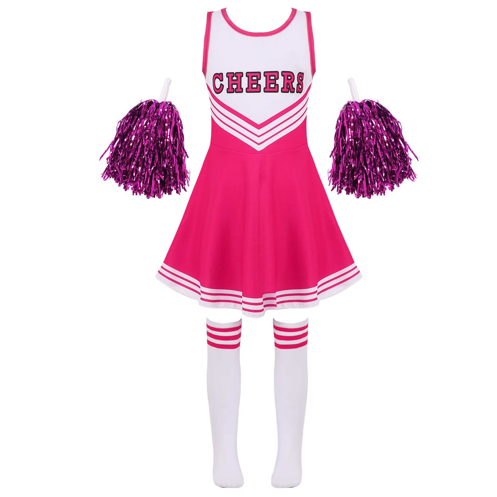 Uniforme de animadora para niños y niñas, traje de baile sin leeveless con cuello redondo y letras estampadas, vestido de baile, flores y calcetines: Hot Pink / 140