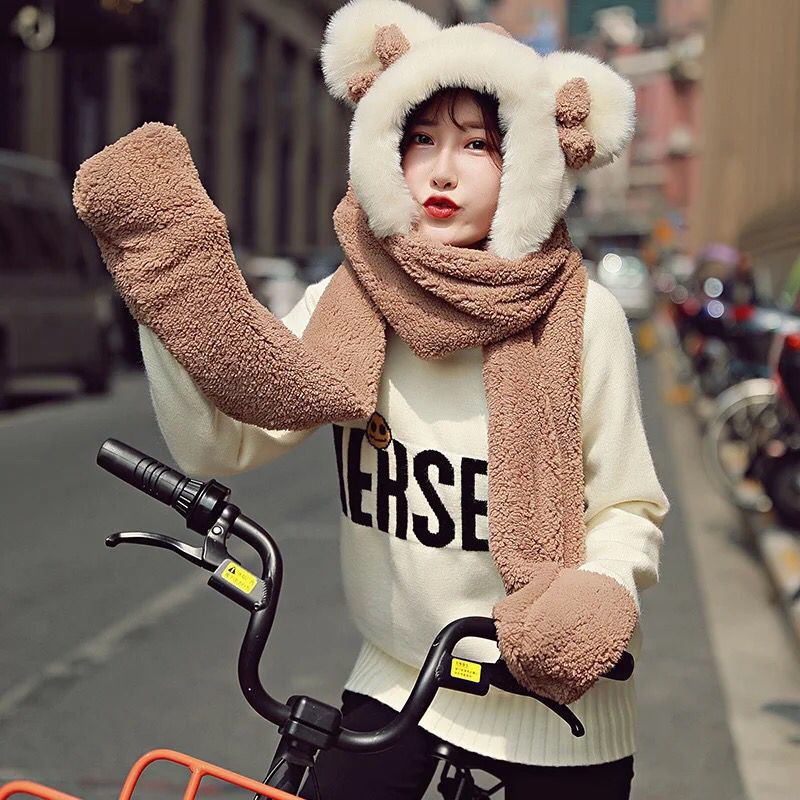 Baby Girls Mom Ears Hats Children Women Winter Warm Plush Winter Scarf Caps Gloves Cute Kids Cute Bunny Funny Hats Cap: Adult-Khaki