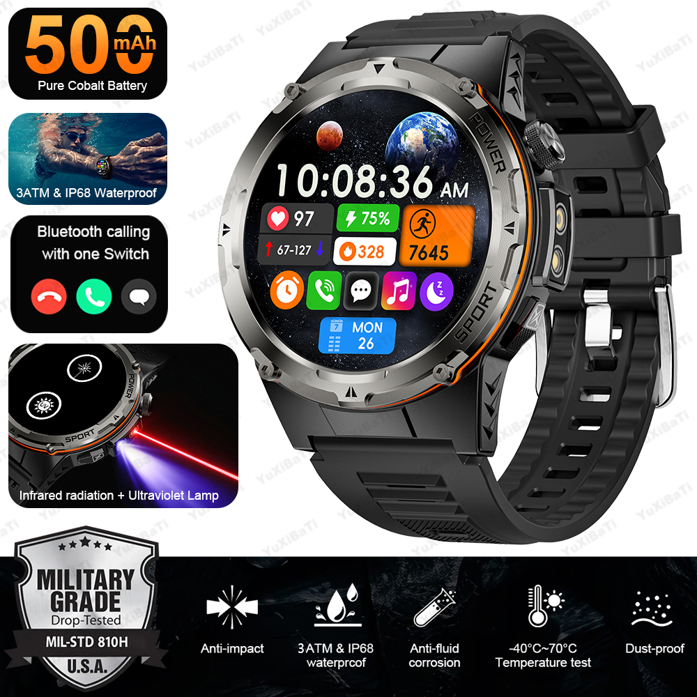 2025 novo relógio inteligente militar masculino ip68 à prova dip68 água esportes ao ar livre rastreador de fitness monitor saúde bt chamada 365nm uv + infravermelho: Branco