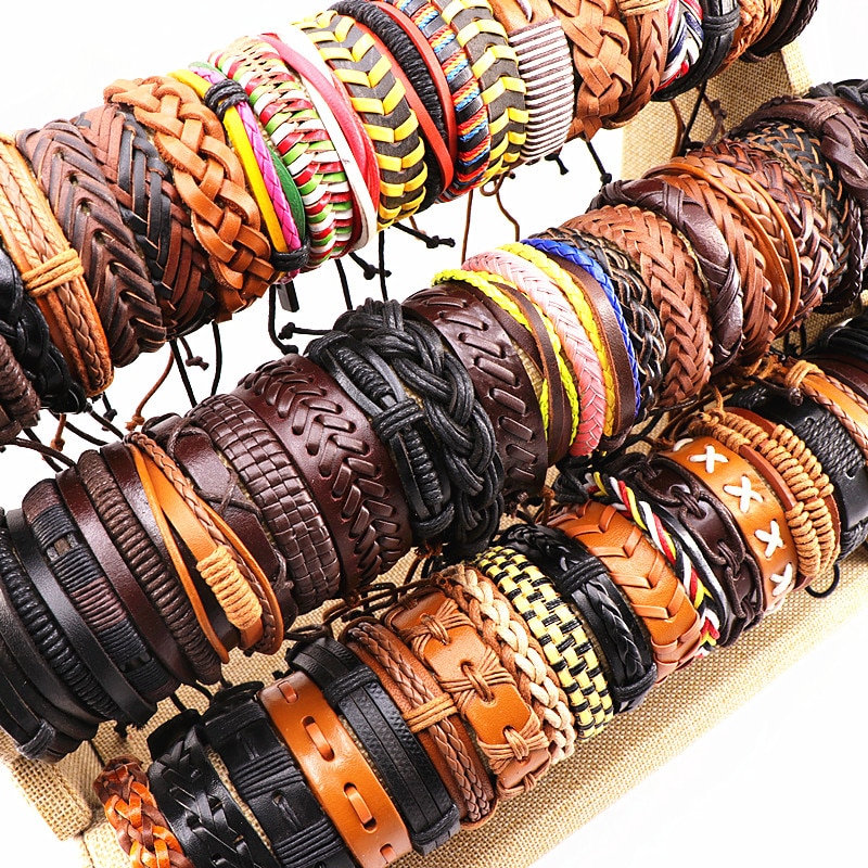 100 stks/partijen Diverse Vintage Handgemaakte Mens Manchet Lederen Gevlochten Sieraden Armbanden Pols Bangle Voor Vrouwen