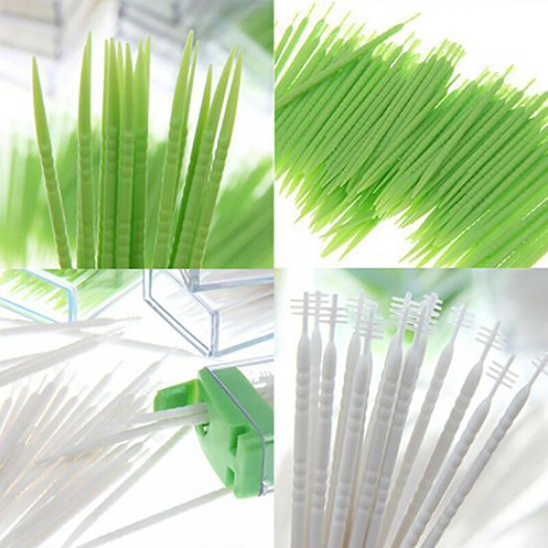 1 caja de palillos de dientes de plástico, palillo de dientes portátil y desechable, para limpieza Dental, de viaje, de dos cabezales, Color aleatorio
