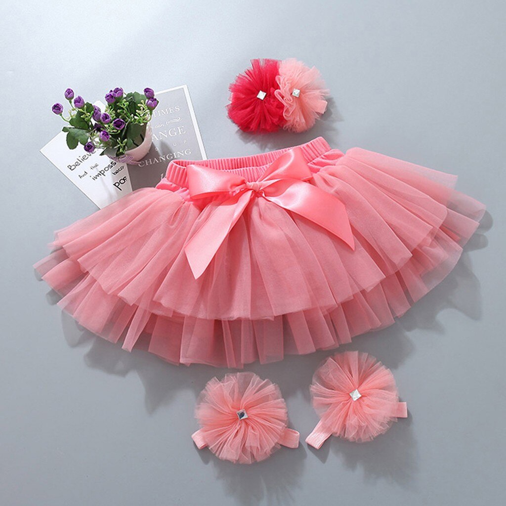 Småbørn barn baby pige mesh sløjfe hårbånd fodstrop prinsesse nederdel flerlags blonder tutu baby pige tøj