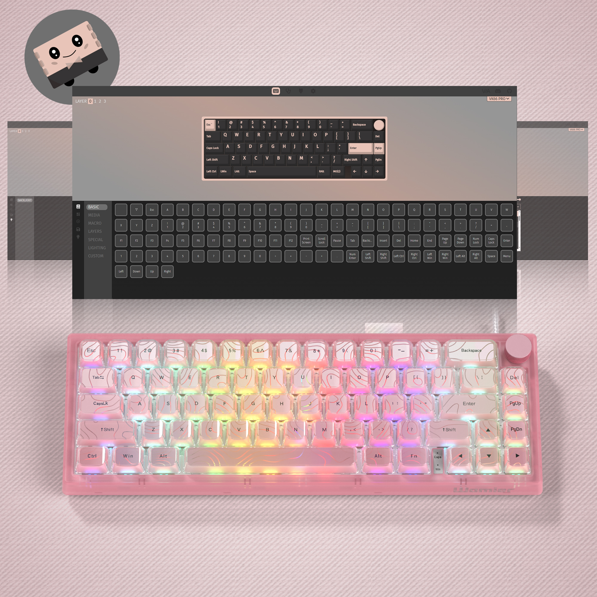 Womier V-K66 PRO Keyboard Pink QMK Mechanical Gaming Keyboard Knob Strap Gasket Mounted Wired LED Backlit -Swap Keyboard