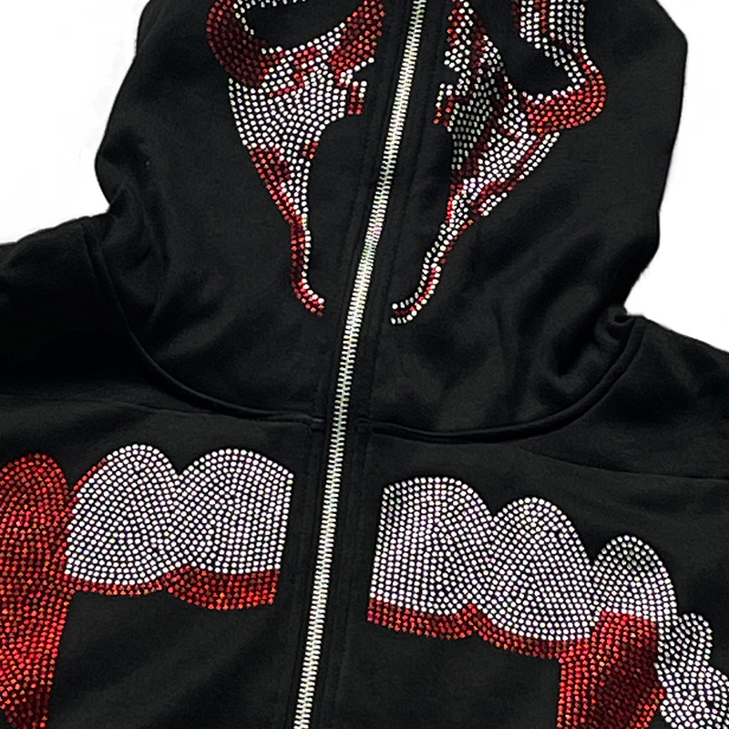 Otoño Punk Y2k gótico Grunge diamantes de imitación dientes Zip Up sudaderas con capucha de manga larga abrigo sudadera chaqueta ropa de calle