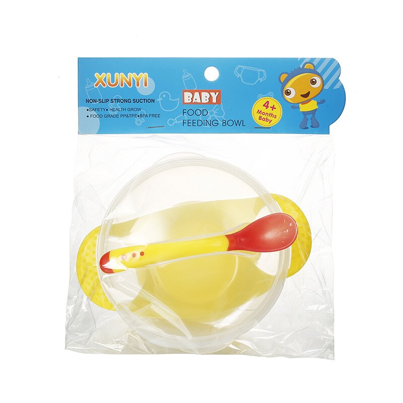 Baby bowl set training bowl induction temperature spoon set with lid learning bowl with suction cup children training tableware: yellow
