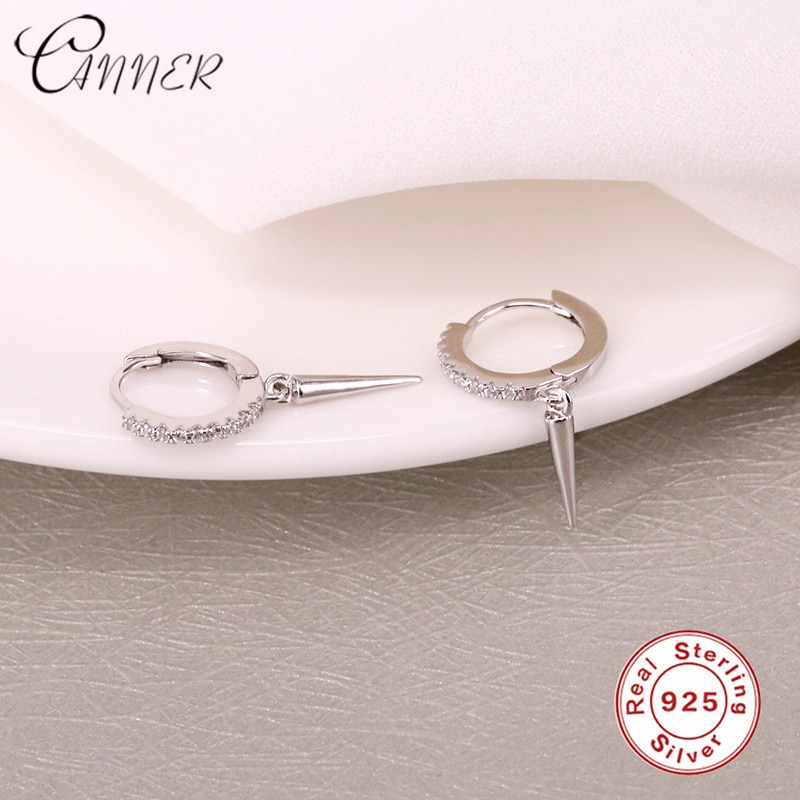 CANNER Punk Style Women's Earrings 100% 925 Sterling Silver Rivet Pendant Hoop Earrings for Women Single Row Crystal Earrings