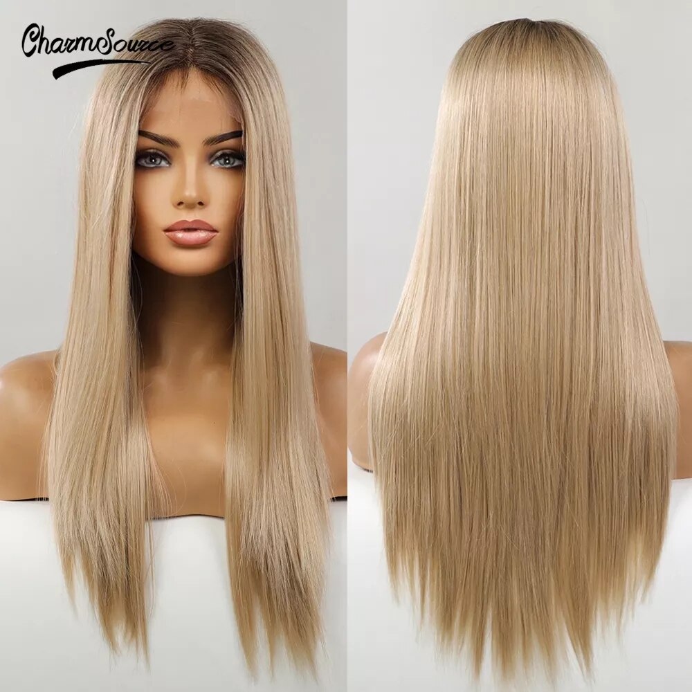 CharmSource Long Brown Root Ombre Blonde Wig Straight Lace Part Synthetic Wigs for Women Daily Hair High Density Heat Resistant: BL66035-2