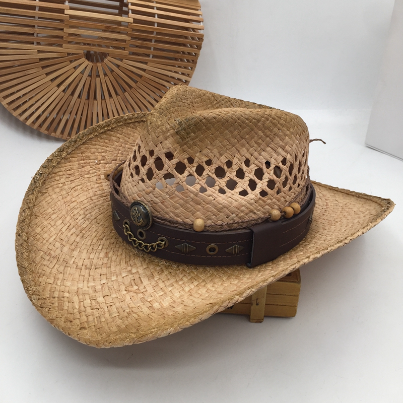 Natural Straw Cowboy Hat Women Men Handmade Weave Punk Cowboy Hats For Lady Tassel Summer Western Sombrero Hombre Lifeguard Hats