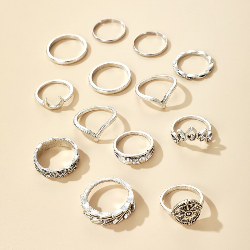 Tocona 13pcs/sets Retro Hollow Geometric Silver Color Ring Sets Exquisite Moon Wedding Ring Jewelry for Women men 14822