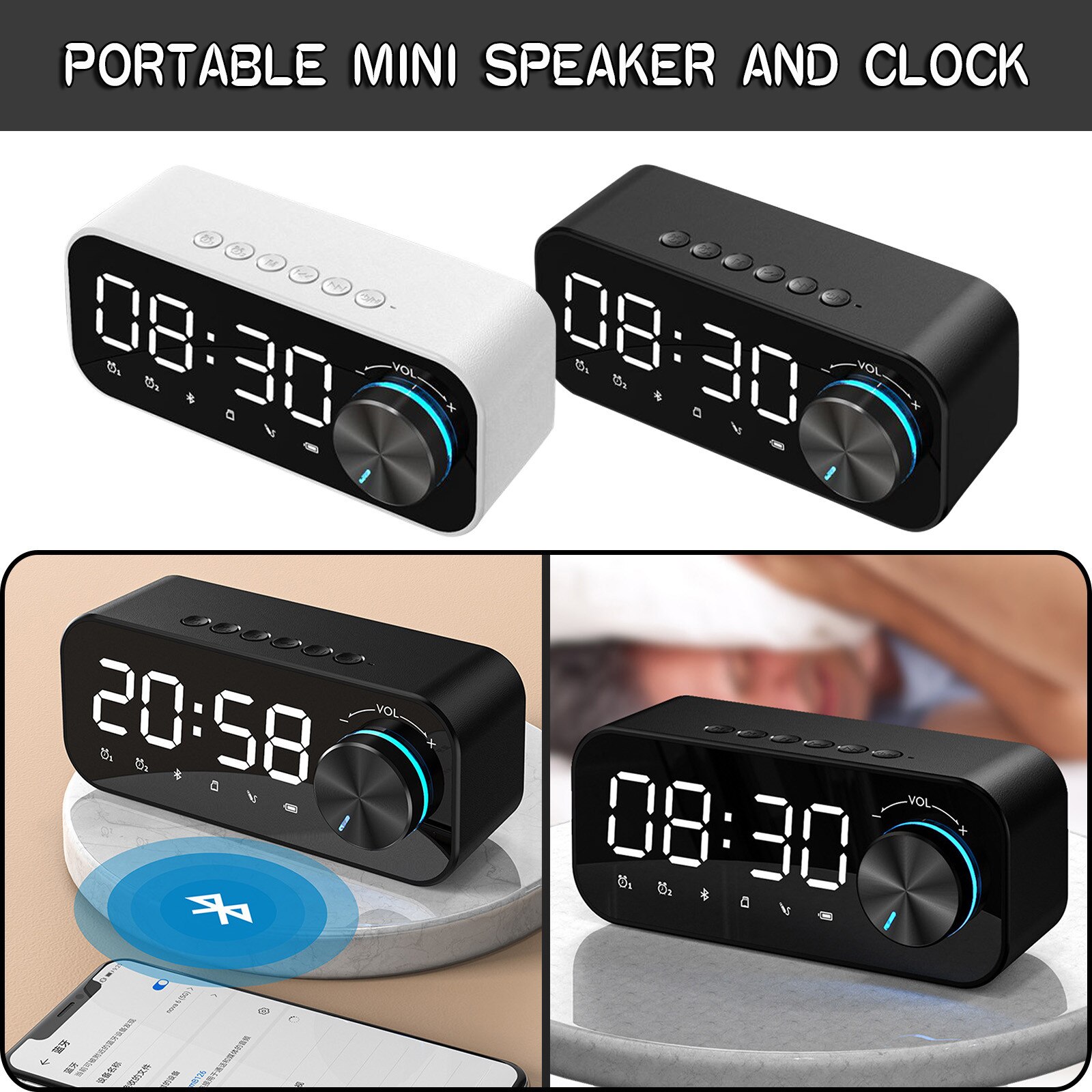Bluetooth Digital Alarm Clock+Charging Cable Dual Alarm Clock Bluetooth Speaker Digital LED Wireless Subwoofer Music Player c50