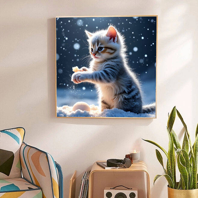 Diamantschilderij met kattenmotief, volledig rond mozaïek, dierenafbeelding met strass-steentjes, handgemaakte huisdecoratie.