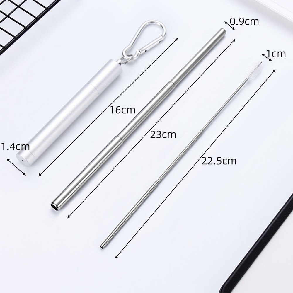 Roestvrij Staal Vouwen Stro Telescopische Rietje Pen Shaped Case Carabiner Herbruikbare Metalen Stro Reizen Picknick Drinkware