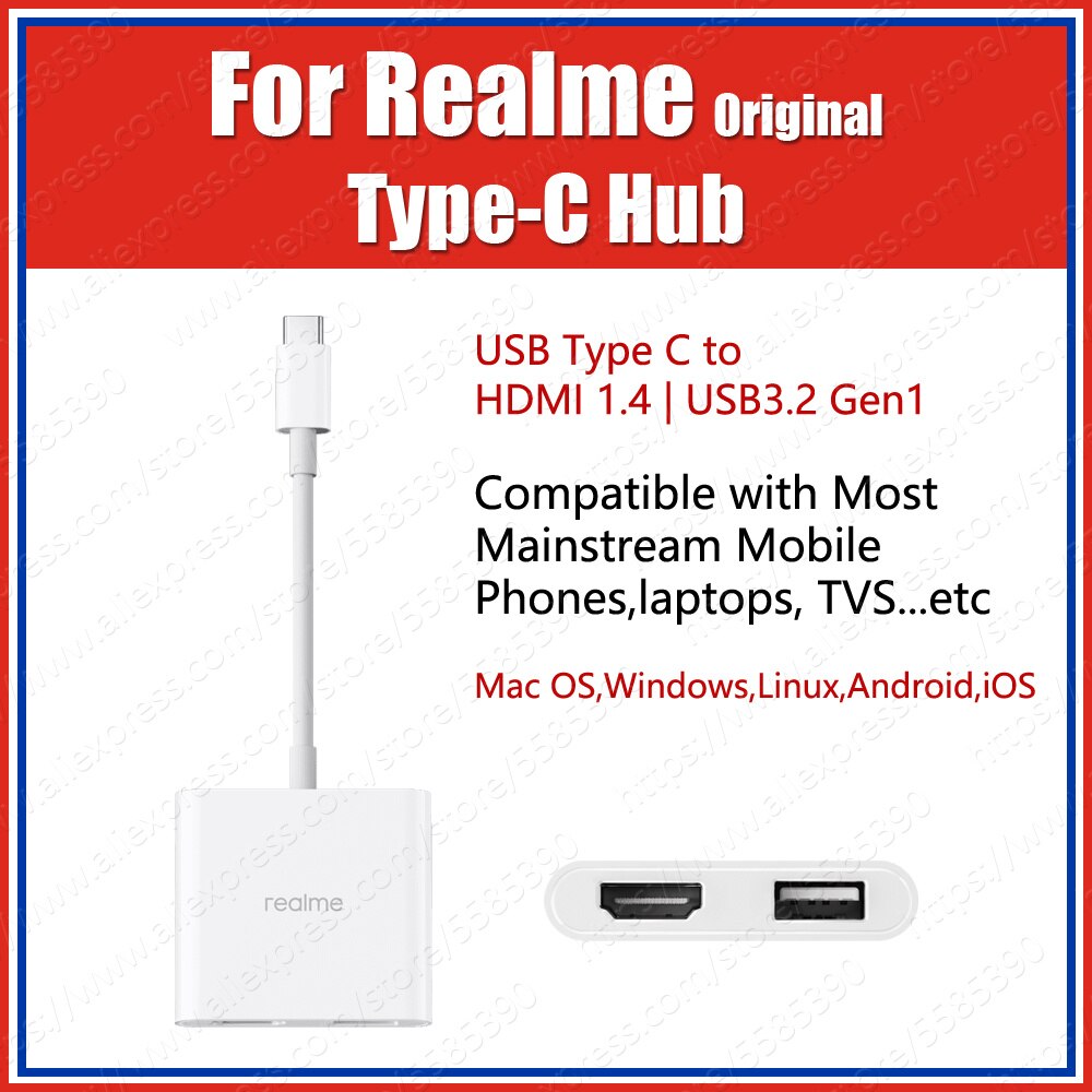 RMW2022 Realme Type-C Hub Docking Station Type C to HDMI 1.4 4K/30Hz USB3.2 Gen1 Compatible Mac OS Windows Linux Android iOS