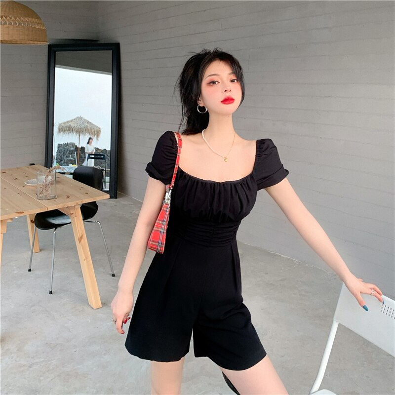 Mono plisado de verano para mujer, manga abombada corta, pantalones cortos de pierna ancha de cintura alta, monos con cuello cuadrado, mono sólido W799: Black