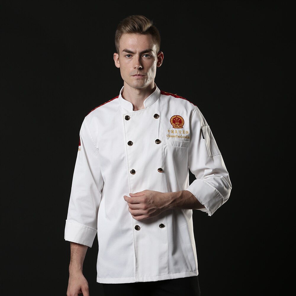 Chinese cuisine cooking embroidery chef breathable jacket kitchen Baking Coffee shop restaurant chef uniform custom: White chef suit / XL