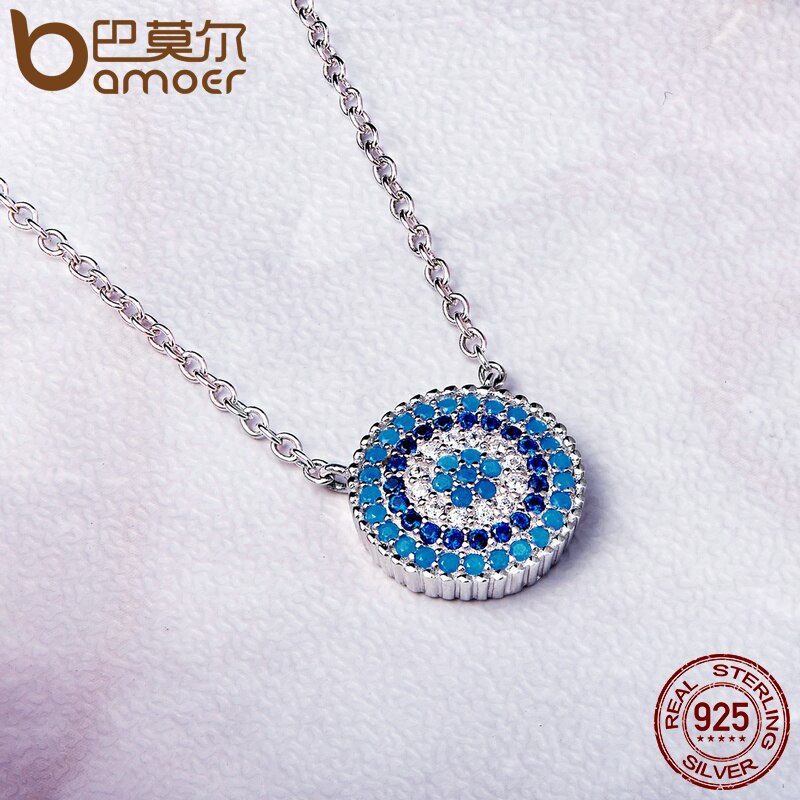 BAMOER Populaire 925 Sterling Zilveren Ronde Blue Crystal Lucky Blauwe Ogen Vrouwen Hanger Kettingen Authentieke Zilveren Sieraden SCN099