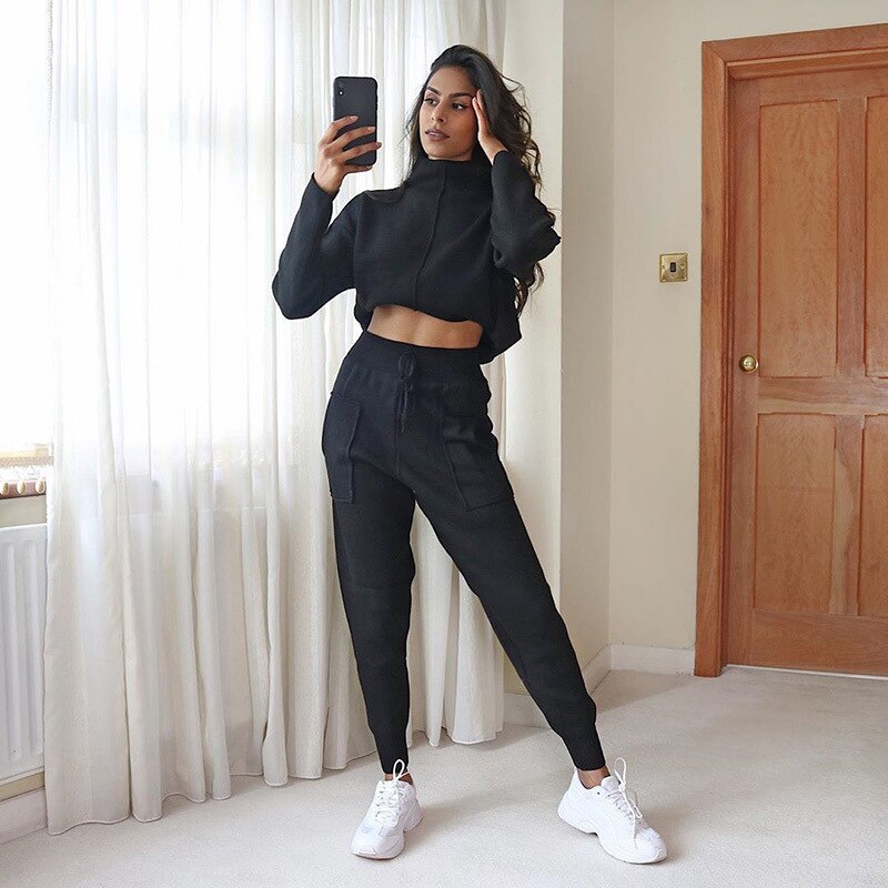 Girl's High Neck Cropped Sports Suit Solid Casual Simple Style Sweater Suit Sport Running Cool Two Pieces Suit