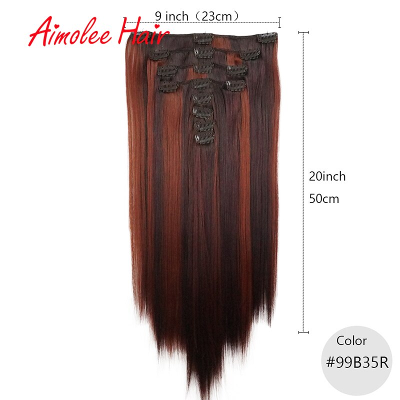 20inch 8PCS/Set Red Synthetic Hairpieces Long Straight Hair Extension Clip-in Hair Extensions Highlight Hair High Temperature: 99B35R