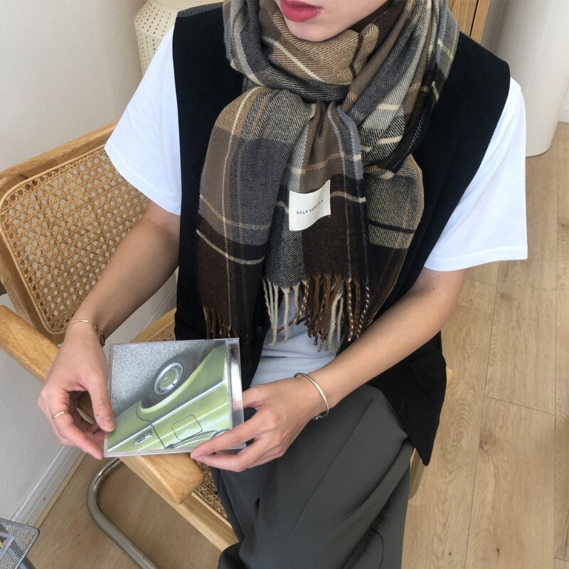 Korea Girls Scarf Women Cashmere ins Plaid Brown Scarf Warm Winter Pashmina Foulard Shawls Wraps Bandana