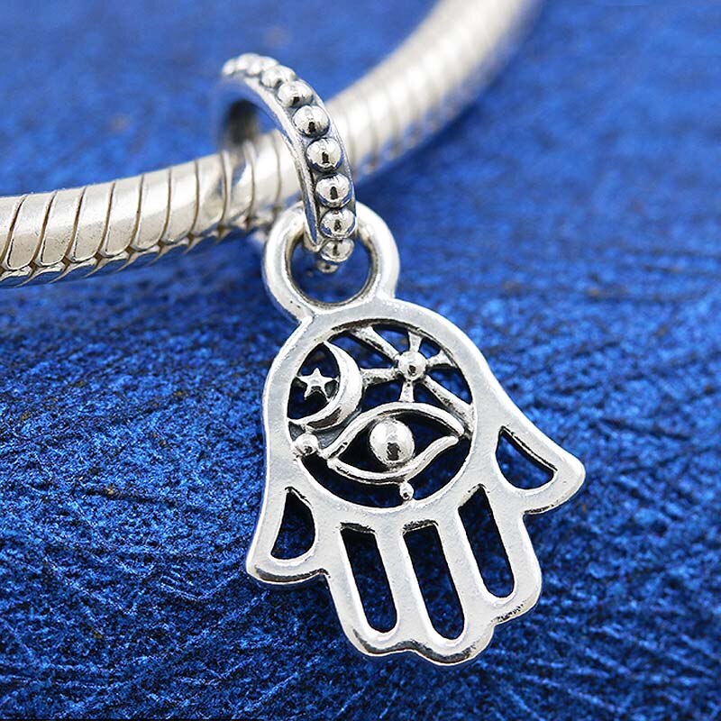 Original Protective Hamsa Hand With Moon & Star Pendant Beads Fit 925 Sterling Silver Charm Bracelet Bangle Diy Jewelry