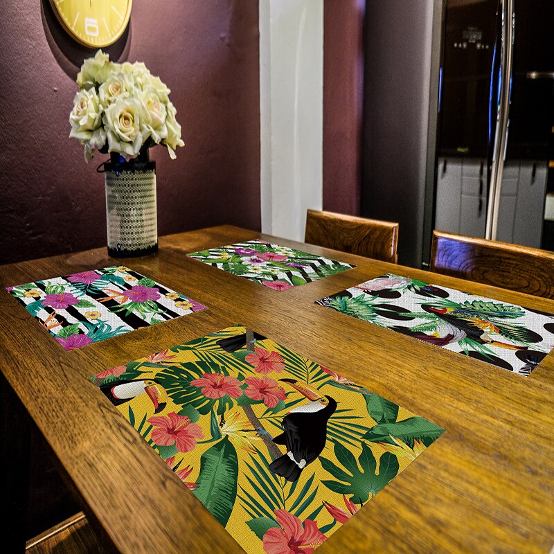 Geometrie Blumen Küche Tischset 42X32 Pflanzen Vogel Dekorative Baumwolle Leinen Tisch matt Westlichen Tischset Getränke Bahn Wasserdicht
