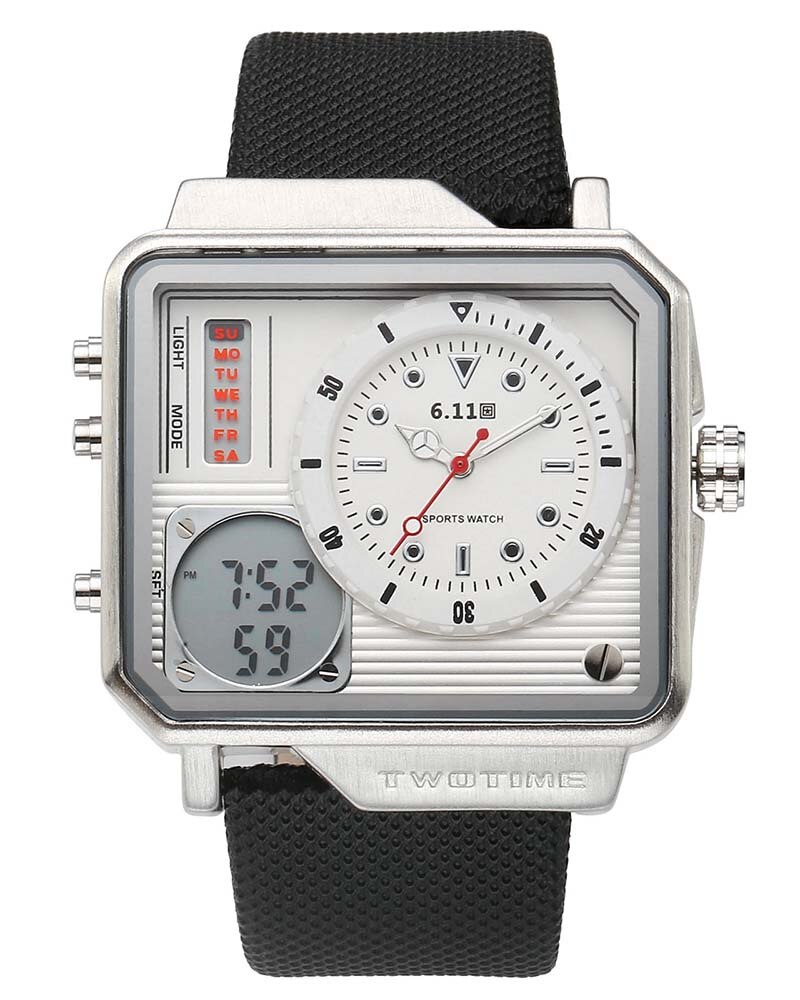 Mode Dubbele Tijdweergave Lederen heren Horloge LCD Digitale Stopwatch Datum Sport Horloges Multifunctionele Relogio Masculino: White face