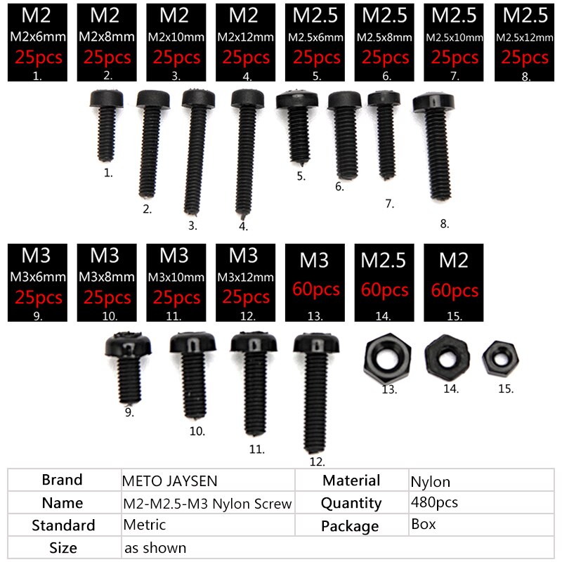 480pcs M2 M2.5 M3 Nylon Round Head Phillips Screw Bolts Hex Nuts Set Black White Plastic Screws Assortment Kit