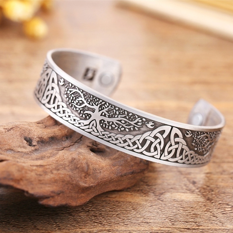 Viking vida árvore gravado manguito pulseira magnética saúde aberto pulseira para homem jóias: Silver