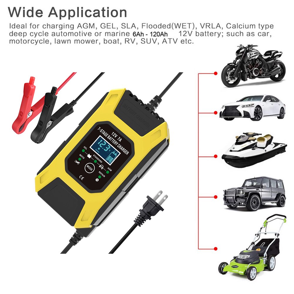 Smart Car Battery Charger 12V 7A 7-Stage Automatic Pulse Repair Charger with LCD for AGM Lead Acid Wet Gel Dry Cell Battery