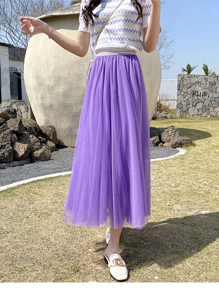 Spring Mesh Purple High Waist Skrit for Women 2022 Slim Fit Pleated Mid-length Skirt Female Faldas