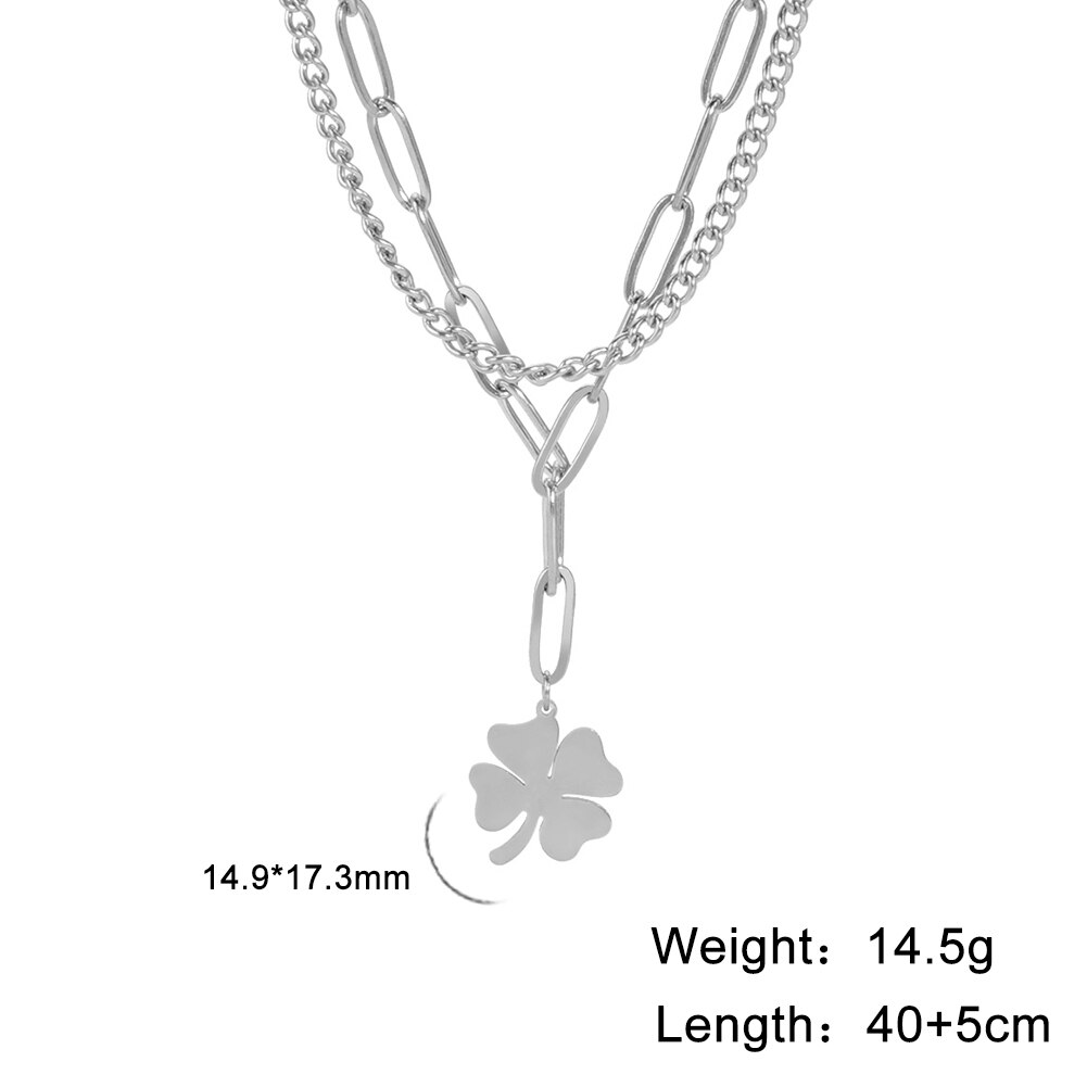 Skyrim-kleeblatt-anhänger-halskette für damen, edelstahl-büroklammer-doppelketten-halskette, schmuck zum muttertag: Klee-stahl