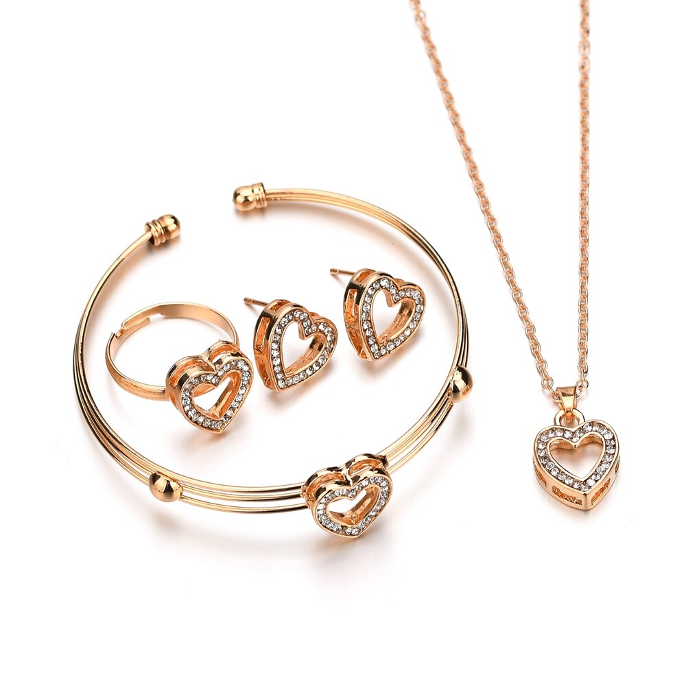 Terreau Kathy 4 stuks Leuke Hartvormige Neclace Oorbellen Sets Sieraden Kristal Kid Kinderen Mooie Goud Kleur Sieraden Sets voor meisje