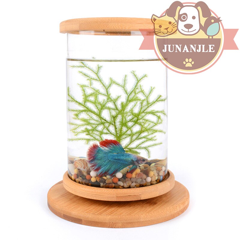 1 Pcs Glas Betta Aquarium Mini Aquarium Decoratie Accessoires Draaien Bamboe Base Decoratie Vis Kom Aquarium Accessoires