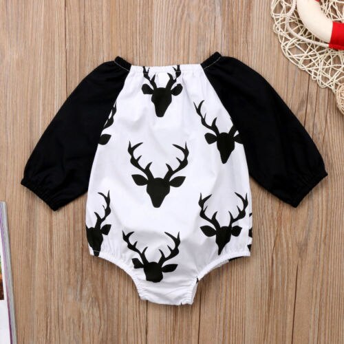 Emmababy XMAS Bodysuit Baby Kids Girls Boy Deer Printed Tassel Bodysuit Jumpsuit Long Sleeve Clothes
