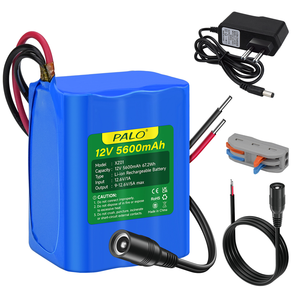 PALO 12V 5.6Ah batería recargable de iones de litio 5600mAh batería portátil para dispositivos de 12V, coche RC, barco, Robot, DlY + cargador: Negro