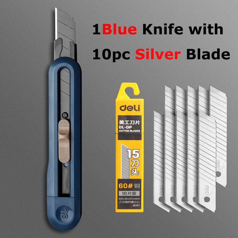 Deli Nusign Retractable Aluminum Utility Knife Box Cutter Metal Blades 18MM Self-Lock Paper нож School Office Stationery: 1Blue 10Silver Blade