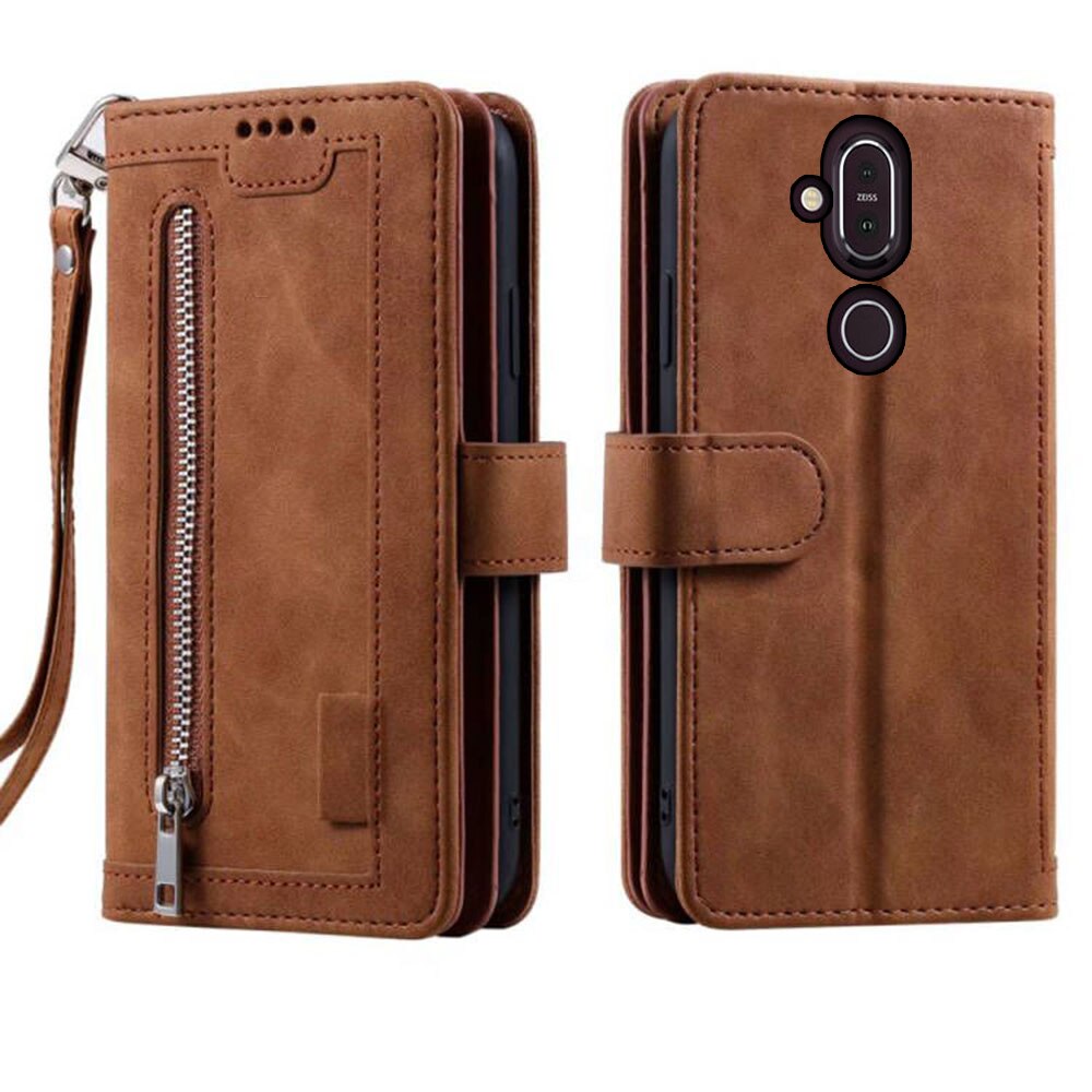 9 Cards Wallet Case For NOKIA 7.1 PLUS Case Card Slot Zipper Flip Folio with Wrist Strap Carnival For NOKIA X7 8.1 Cover: For NOKIA 7.1 PLUS / Brown