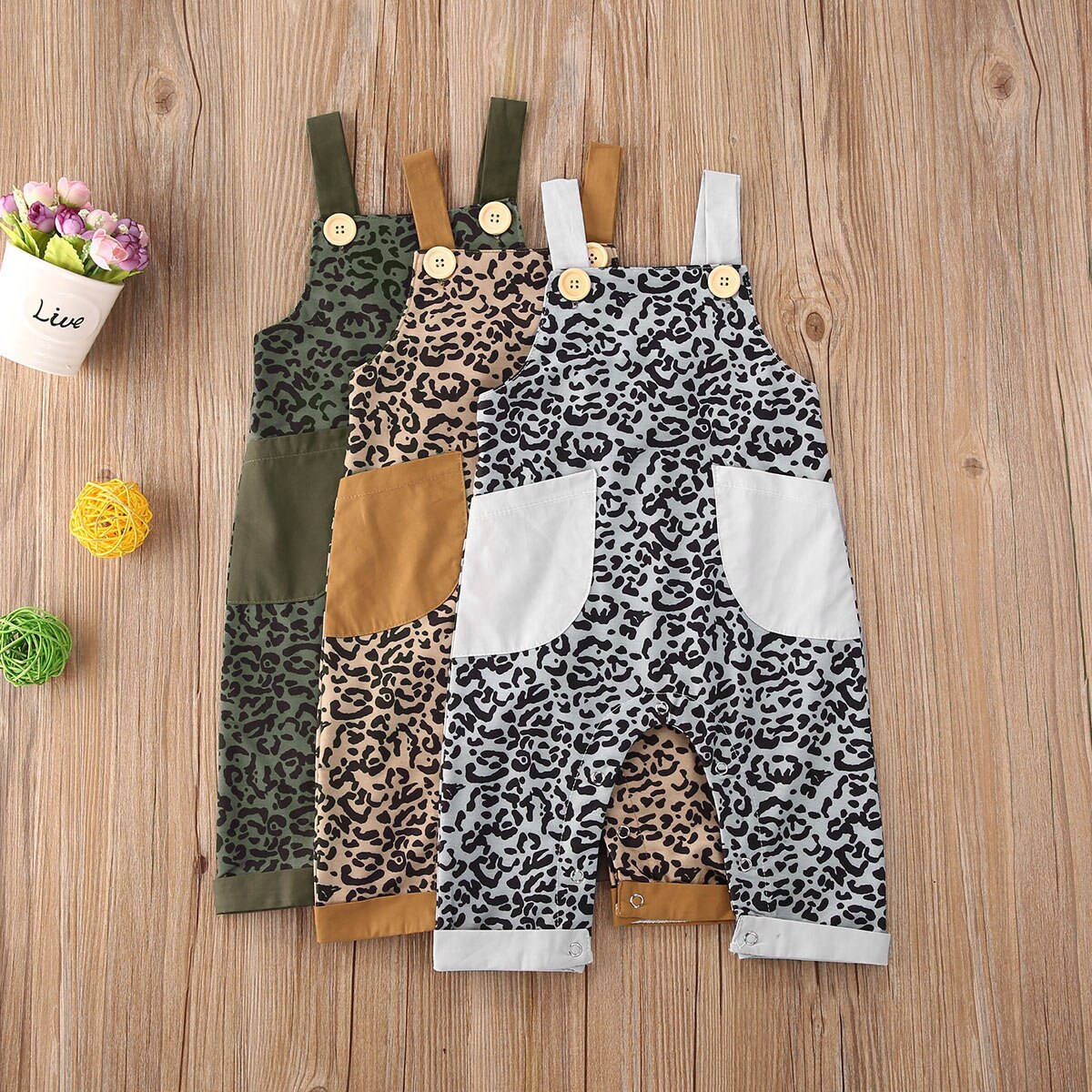 0-5Y Summer Infant Baby Girls Boys Overalls Pants Leopard Print Pocket Straight Overalls 3 Colors