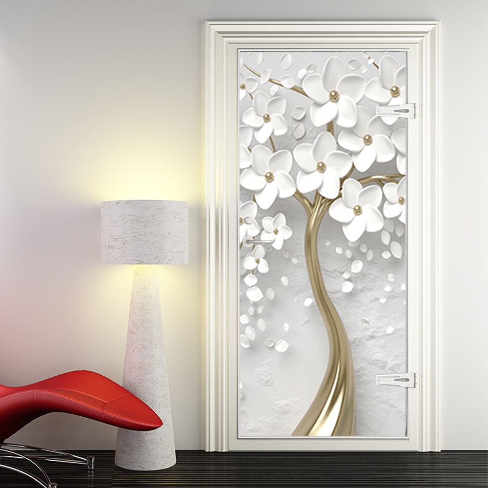 PVC 3D Door Sticker Wall Murals Embossed Trees Modern Aesthetics White Poster Living Room Self-Adhesive Wallpaper Home Decor