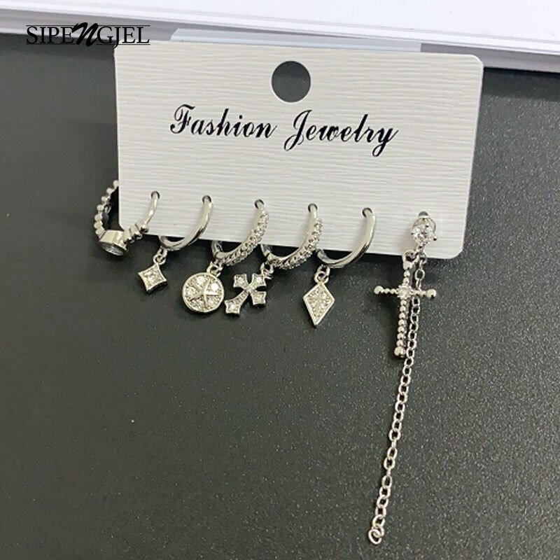 SIPENGJEL-Conjunto de pendientes de aro con perlas cruzadas para mujer, aretes colgantes de cadena larga, joyería ,: SILVER