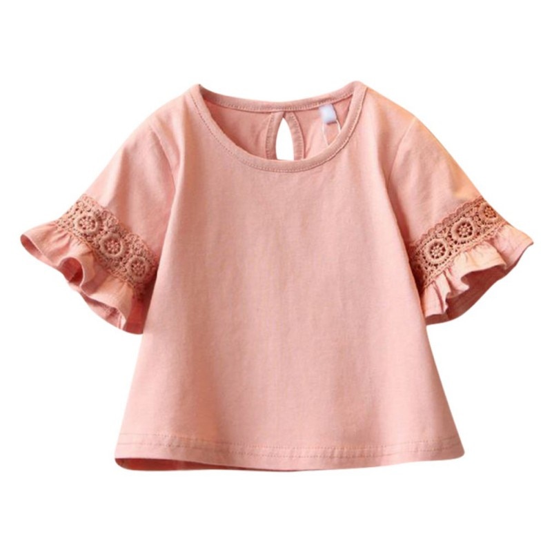 TChildren Girls Tops Clothes Baby Girl Flare Sleeve Round Neck Solid Print Lace Tops Shirts Kids Tops Summer Casual Blouse
